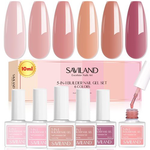 SAVILAND 10ML Builder Nail Gel in A Bottle: 6 Colors 5-in-1 Sheer Pink Gel Builder Set Nail Strengthener Extension Gel Kit Hard Gel for Nails Thickening & Repair, as Gift for Women