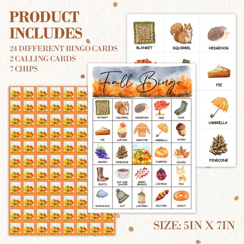 HMJKL Fall Bingo Game, Thanksgiving Party Bingo Cards Set, Autumn Party Birthday Party Bingo Supplies for Adults, Family Friends Activities Favors Decorations for 24 Player, 01