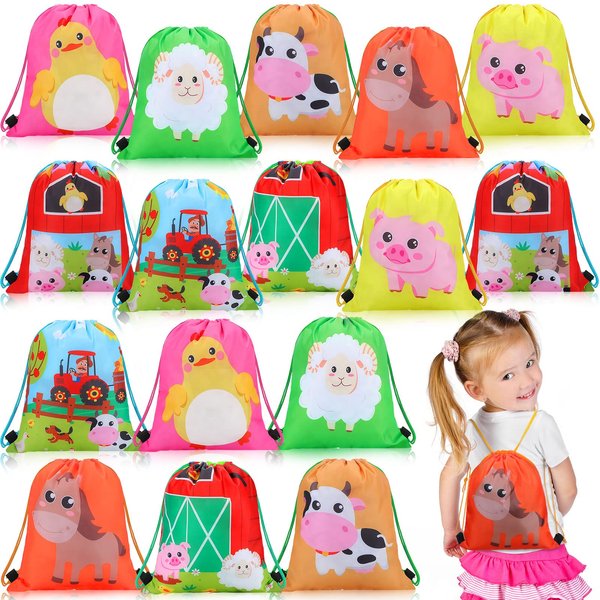 Shappy 16 Pack Farm Animal Party Favor Gift Bags Birthday Supplies String Backpack Themed Drawstring Pouches Wrap Goody for Kids Girls Boys