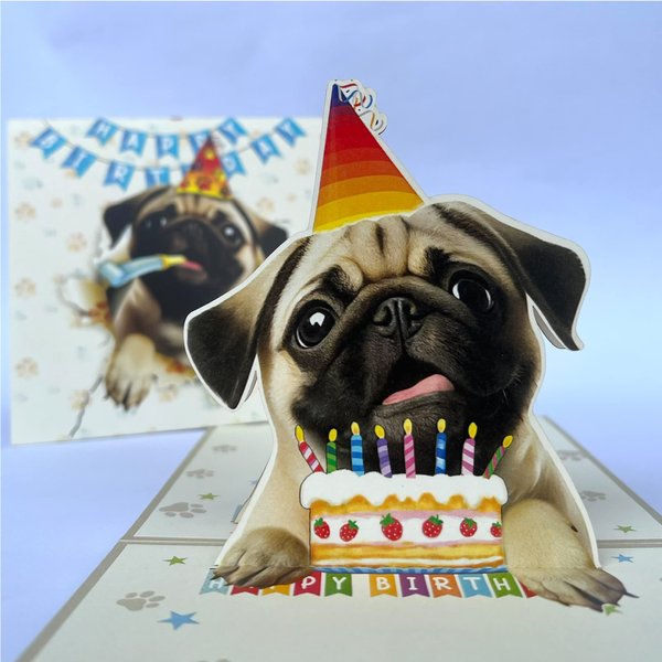 Momapopup 3D Pop-Up Pug Dog Birthday Card - Cute Dog with Cake Celebration, Whimsical Happy Birthday Greeting for Dog Lovers - Pug Dog 3D Birthday Pop Up Cards (Pug Dog)