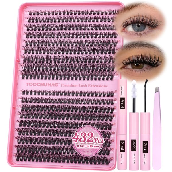 TOOCHUNAG Lash Clusters Kit 432pcs Eyelash Extension Kit 30D+40D DIY Lash Extension Kit 9-16mm D Curl Wispy Individual Cluster Lashes Kit with Lash Bond and Seal, Tweezers for DIY at Home