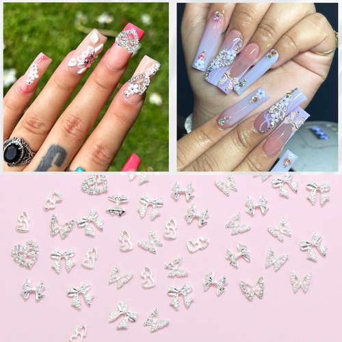 RODAKY 44PCS Bow Nail Charms Valentine's Day Silver 3D Butterfly Nail Gems Multistyle Nail Charms Heart Shape Nail Jewelry Y2K Charms for Acrylic Nails Decoration Nail Supplies for Women and Girls