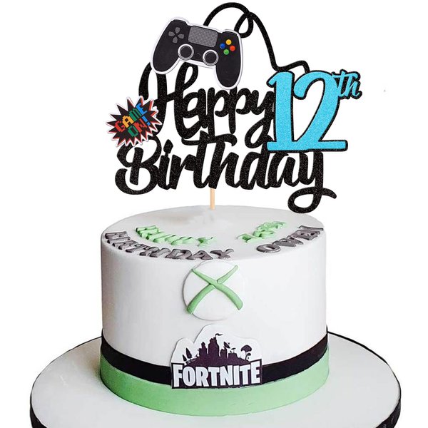 1 PCS Video Game Happy 12th Birthday Cake Topper Glitter Video Game Cake Pick Game On Controllers Twelve Cheers to 12 Years Cake Decoration for Happy 12th Birthday Party Supplies Blue