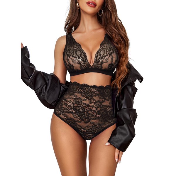 Avidlove Sexy Lingerie for Women High Waist Bra and Panty Set Strappy Babydoll Bodysuit Black