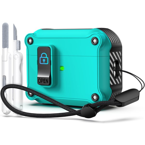 R-fun for AirPods Pro 2nd Generation 2024/2023(USB-C),2022(Lightning Cable),1st Gen 2019 Charging Case, [Auto Pop-Up Lid Design] Heavy Duty Protection Case with Cleaner Kit and Lanyard,Black/Teal