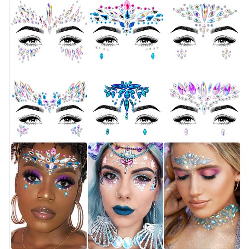iMethod Face Jewels - Face Gems, Mermaid Face Jewels Stick On, Rave Accessories for Festival Holiday Costumes & Makeup, 6 Pcs, multicolored