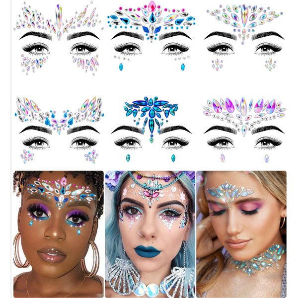 iMethod Face Jewels - Face Gems, Mermaid Face Jewels Stick On, Rave Accessories for Festival Holiday Costumes & Makeup, 6 Pcs, multicolored