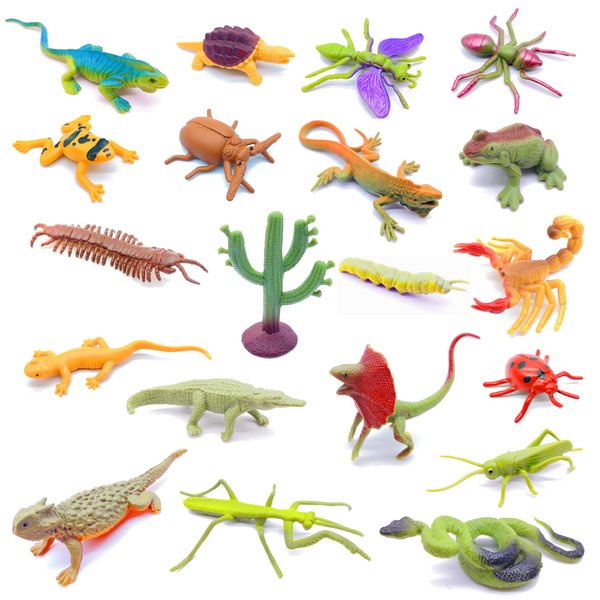 Guaishou 20pcs Realistic Bugs Plastic Insects Animals Figures Toys Contains Ladybugs Caterpillars Beetles Mantises Scorpions Lizards Snakes Frogs Ants