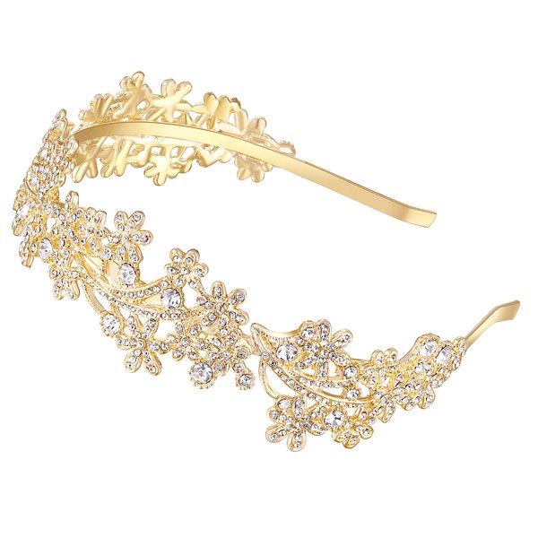 Ammei Headpiece Wedding Headband Crystal Bridal Headdress Flower Design Headpiece For Women (Gold)
