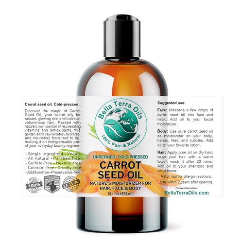 Bella Terra Oils - Organic Carrot Seed Oil 16 oz - Pure Organic Carrot Essence, Offering the Best of Vitamin C & Omega Fatty Acids, The Beacon of Natural Skin Care