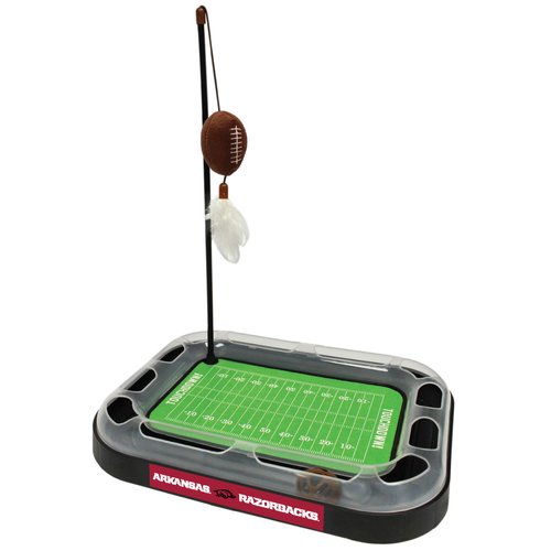 Pets First Cat Scratching Toy NCAA Arkansas Razorbacks Football Field Cat Scratcher Toy Interactive Cat Ball Bell in Tracks. 5-in-1 CAT Toy: Cat Wand Poll with Catnip Filled Plush Football & Feathers