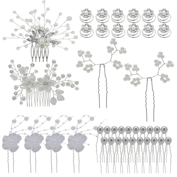 inSowni 40 Pack Bridal Wedding Hair Side Combs+U Shaped Hair Pins Clips Pieces Jewelry Rhinestone Pearl Flower Accessories for Women Brides Girls