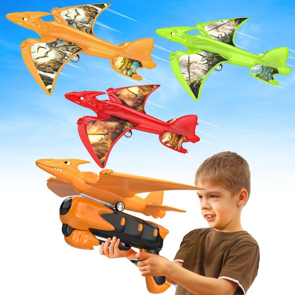Onysurui 3 Pack Dinosaur Airplane Launcher Toys, Flying Toys for 3 4 5 6 7 8 9 10 Year Old Boys, Kids Foam Plane Toys 5-12 Year Old Boy Gift Ideas, Airplane Birthday Gift Party Supplies