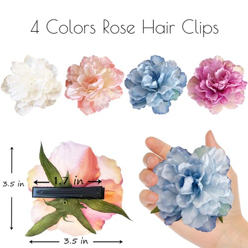 4Pcs Hawaiian Flower Hair Clips for Women,Rose Hair Clips Hair Barrettes 3.5 Inch Artificial Flower Clips,Hair Accessoriesfor Vacation Beach Party, Boho Clips Hairpin for Girls Wedding
