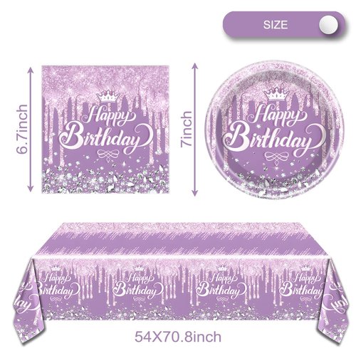 Purple Party Tableware set, Purple Happy Birthday Theme 20 Plates and 20 Napkins and Tablecloths 71 '' x 42 '' for Girls Women Silver Glitter Birthday Party Supplies