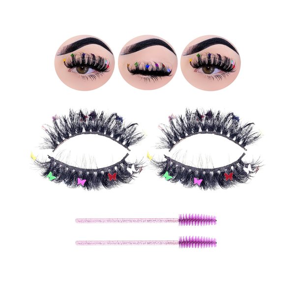 Miss Kiss 2 Pairs Fairy Lashes with Colored Butterfly Russian D Curl False Eyelash Fairy Dramatic Look Eye Lash Soft Faux Mink 16 MM Plus 2 Pcs Brushes Tool