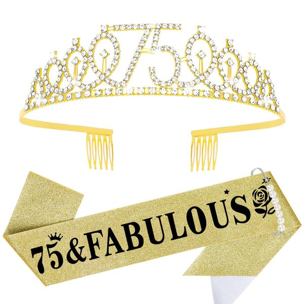 YARIEW 75th Birthday Crown + 75 & Fabulous Birthday Sash + Pearl Pin Set, 75th Birthday Sash and Tiara for Women, 75th Birthday Decorations for Women, Happy 75th Birthday Gifts for Women