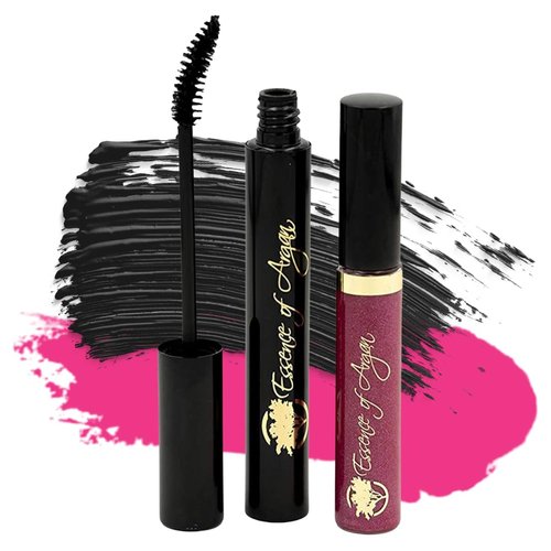 Essence of Argan Lash Conditioner Mascara & Nourishing Lip Gloss Plumper with Organic Argan Oil - Waterproof Black Mascara Plus Plumping Lip Balm for Voluptuous Sexy Lips and Longer Stronger Lashes