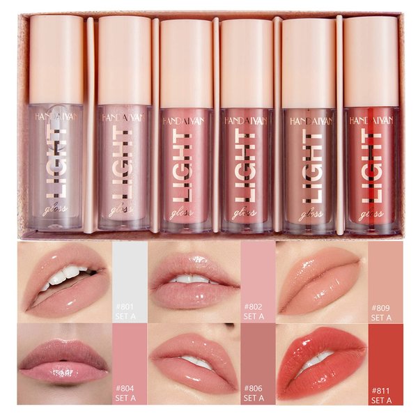 BANGFENG 6PCS Lip Oil Light Lipgloss Set, Moisturizing Hydrating Lip Glow Oil Lip Gloss Kit High Shine Lip Plumping Glass Finish Liquid Lipstick for Women (Set A)