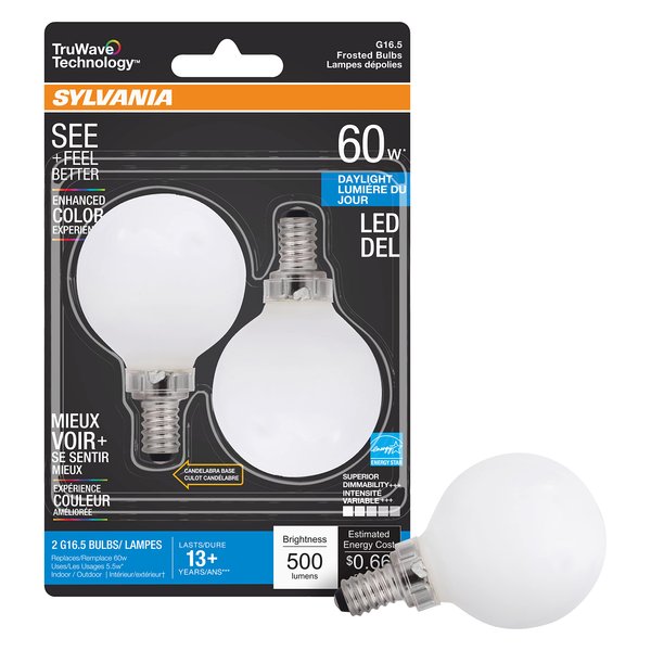 Sylvania LED TruWave Natural Series Décor G16.5 Light Bulb, 60W Equivalent Efficient 5.5W, Candelabra Base, Dimmable, Frosted, 5000K, Daylight - 2 Pack (40801) Soft White