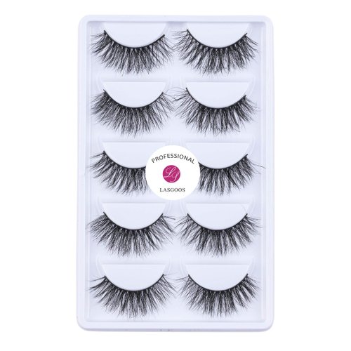 LASGOOS Luxurious 100% Mink Lashes 3D Eyelashes Natural Long 12-16mm Daily HANDMADE Messy Corner Dense Thick Fluffy Soft Fake Eye Lashes False Eyelash Cruelty Free PACK,5 Pairs (A12)