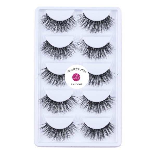 LASGOOS Luxurious 100% Mink Lashes 3D Eyelashes Natural Long 12-16mm Daily HANDMADE Messy Corner Dense Thick Fluffy Soft Fake Eye Lashes False Eyelash Cruelty Free PACK,5 Pairs (A12)