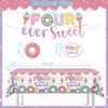 157pcs Four Ever Sweet Birthday Decorations Girl Include Banner, Hanging, Plates and Napkins, Tablecloth, Paper Cups, Forks, Straws, Donut 4th Birthday Balloons, for 4th Birthday Decorations Girl