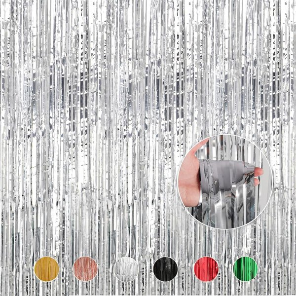Silver Foil Fringe Curtains Metallic Tinsel Shimmer Curtain Party Backdrop Decorations,Pack of 4