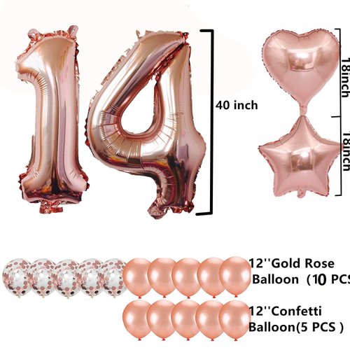 14th Birthday Decorations Party Supplies, Jumbo Rose Gold Foil Balloons for Birthday Party Supplies,Anniversary Events Decorations and Graduation Decorations Sweet 14 Party,14th Anniversary