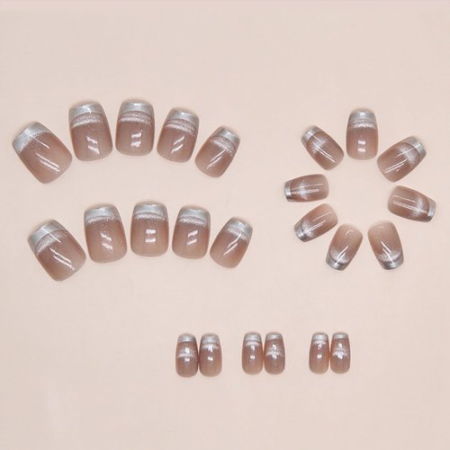Cat Eye False Nails Glossy Press on Nails Short Square Silver French Tips Fake Nails with Design Artificial Acrylic Nails Full Cover Reusable Aurora Coffin Fake Nails Medium Glue on Nails for Women
