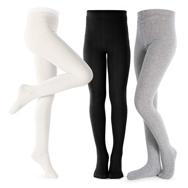 Petrass Girls Tights Toddler Cable Knit Cotton Footed Seamless Dance Ballet Baby Girls' Leggings 3 Pack Black/Ivory/Grey 7-8Y