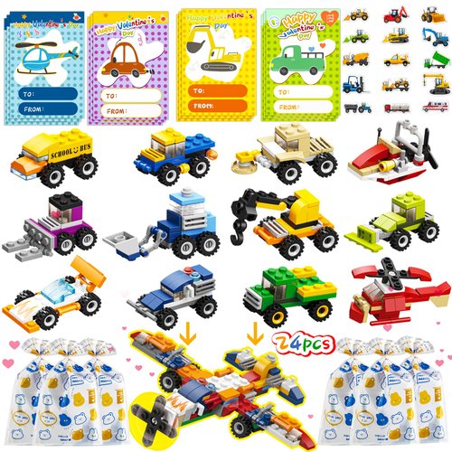 ANYGIFT 24PCS Valentines Day Gifts for Kids, Building Blocks with Valentines Cards for Kids Classroom, Valentines Gifts School Exchange Party Favors for Kids Boys Girls