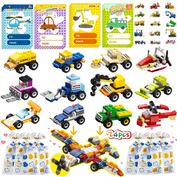 ANYGIFT 24PCS Valentines Day Gifts for Kids, Building Blocks with Valentines Cards for Kids Classroom, Valentines Gifts School Exchange Party Favors for Kids Boys Girls