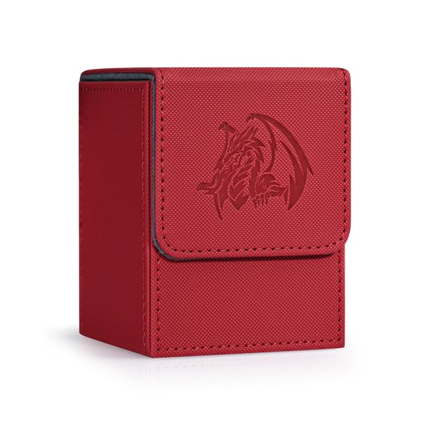 ZLCA Card Deck Box for Trading Cards with 2 Dividers, Card Storage Box Fits 100+ Single Sleeved Cards, PU Leather Strong Magnet Card Deck Case Holder for Magic Commander TCG CCG （Red,Emperor Dragon）