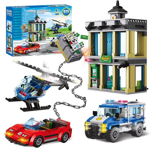 City Police Catch Thief Building Block Set with Cop Car, Bank, Helicopter, Getaway Sports Car, Fun Police Chase Toy for Kids, Best Learning & Roleplay STEM Toy Gift for Boys Girls Ages 6+ (625pcs)