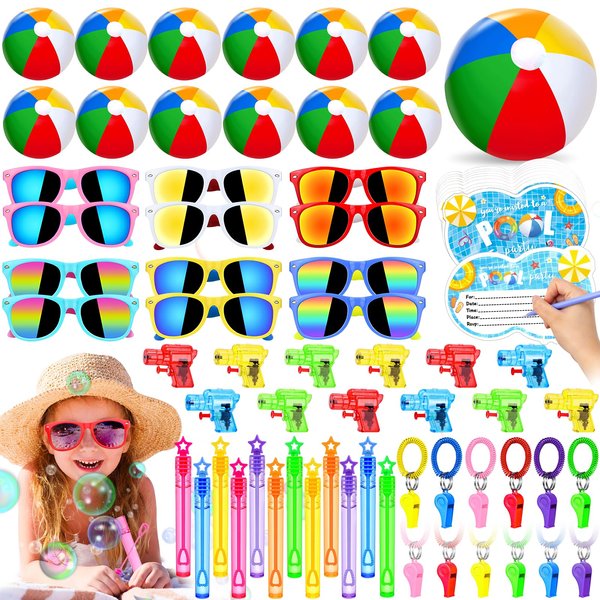 ESAG 72Pcs Pool Party Favors Summer Supplies for Kids - Beach Ball Sunglasses Whistle Bubble Wands Invitation Cards and More, Boys Girls Ages 4-8 8-12 Summer Beach Birthday Favors Pool Party Supplies