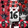 16th Birthday Decorations for Boys and Girls Red Black, Sweet 16 Party Decorations-Happy 16th Birthday Banner Number 16 Balloon Foil Crown Balloon Hanging Swirls Fringe Curtains Tablecloth