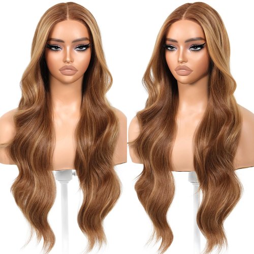 BrownBomb Honey Blonde Body Wave Glueless Wigs With Bangs Synthetic Lace Front Wigs Pre Plucked Pre Cut HD Lace 13x5x1 Middle Part Wigs For Woman 26 Inch