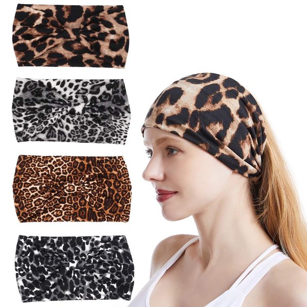 DINPREY Animal Print Headwraps bandana hair bands Knot Twisted Headbands Boho head wrap Cross Leopard Headband wide headwraps for women (Wide Leopard Headbands)