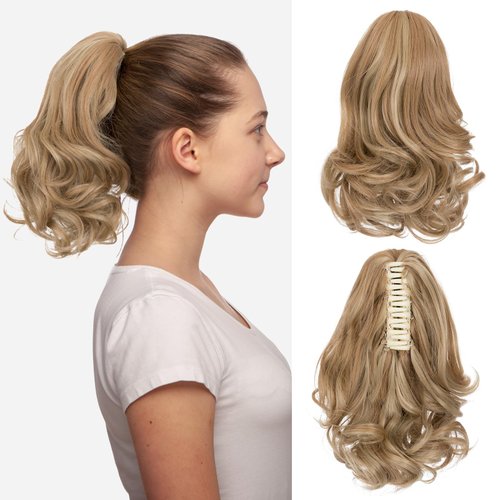 Sleekalon 12" Short Blonde Ponytail Extension Curly Wavy Ponytail Clip In Claw Hair Extensions Pony Tails Natural Synthetic Hairpiece for Women Golden Blonde H Blonde