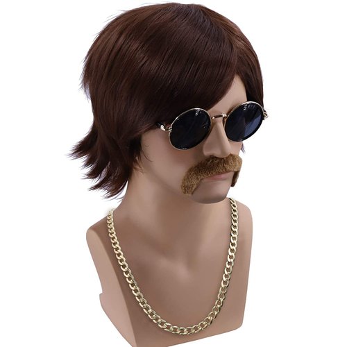Cfalaicos 3-Pieces Chain and Moustache and Short Brown Costume Wig 60S 70S Mens Party Wig