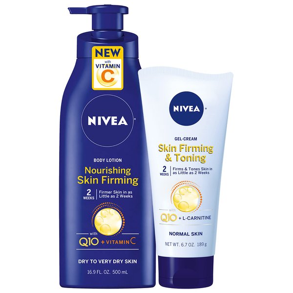 NIVEA Skin Firming Skin Care Set with Q10, Skin Firming Nourishing Hydration Body Lotion with Vitamin C, 16.9 Fl Oz Bottle + Skin Toning and Firming Body Gel Cream with L-Carnitine, 6.7 Oz Tube