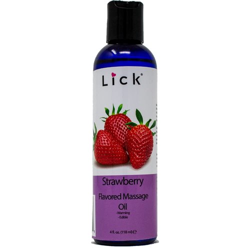 Lick Strawberry Flavored Massage Oil with Natural Vitamin E, Almond, Coconut Ideal for Aromatherapy, Moisturizing, Relaxing Muscle Massage. Essential Non-Sticky Skin Therapy for Men & Women - 4 oz