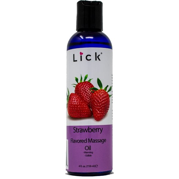 Lick Strawberry Flavored Massage Oil with Natural Vitamin E, Almond, Coconut Ideal for Aromatherapy, Moisturizing, Relaxing Muscle Massage. Essential Non-Sticky Skin Therapy for Men & Women - 4 oz