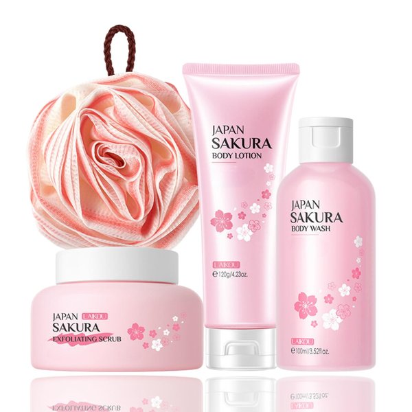 Bath and Body Travel Kit - Gifts for Women - Travel Size Toiletries for Women - Gift Set with Body Lotion,Body Wash,Scrub,Bath Ball - Nicotinamide and Sakura Extract,Clean,Nourish,Moisturize,Smooth