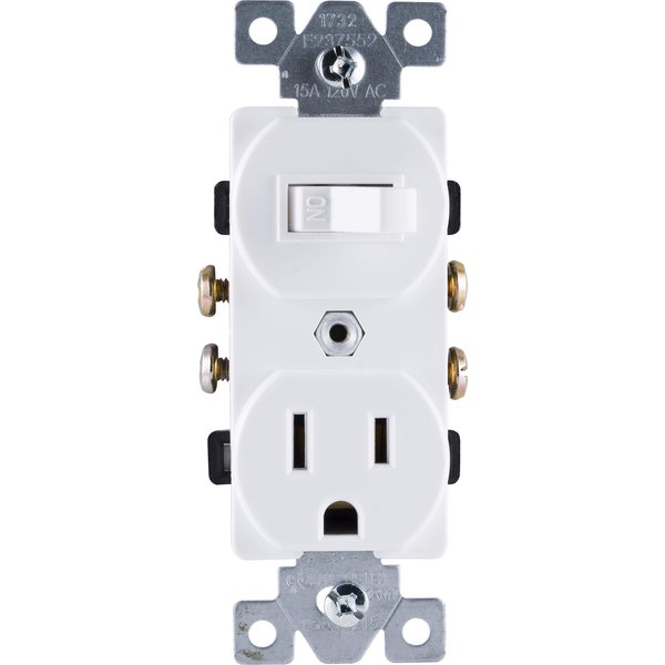 GE Wall Switch & Outlet Combo, Two-in-One Receptacle, 1 On/Off Toggle Power Switch, 1 Grounded AC Outlet Wall Plug, Single Pole, 3 Prong, 15 Amp, UL Listed, White, 59797