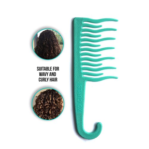 XO Curls Shower Detangling Comb - wide tooth comb with hook for easy hanging in shower, removes knots and tangles gently