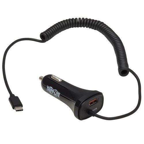 Tripp Lite USB Dual Port Car Charger, USB-C 18W QC 3.0 and USB-A 12W Dual Port USB Car Charger, Coiled USB Charging Cable, Black (U280-C02-30W-C6)