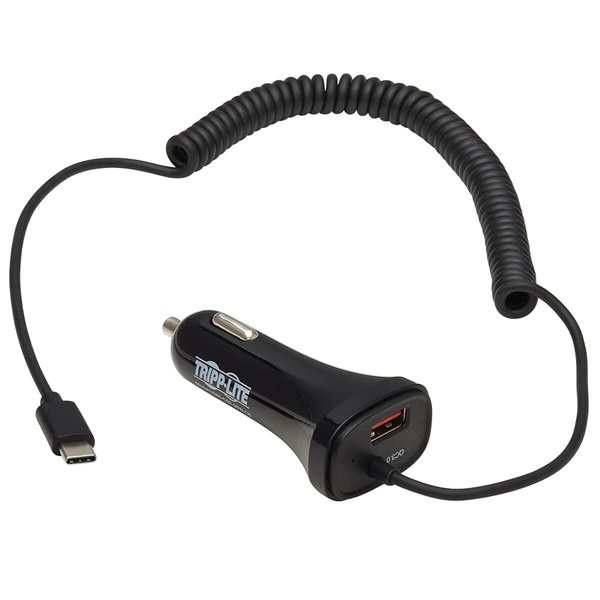 Tripp Lite USB Dual Port Car Charger, USB-C 18W QC 3.0 and USB-A 12W Dual Port USB Car Charger, Coiled USB Charging Cable, Black (U280-C02-30W-C6)
