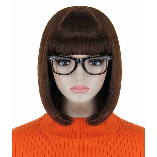 Bopocoko Brown Bob Wigs for Velma Costume Women Girls with 1*Black Glasses Short Bob Hair Wig with Bangs Natural Cute Synthetic Colorful Wigs for Party Halloween BU027DBR